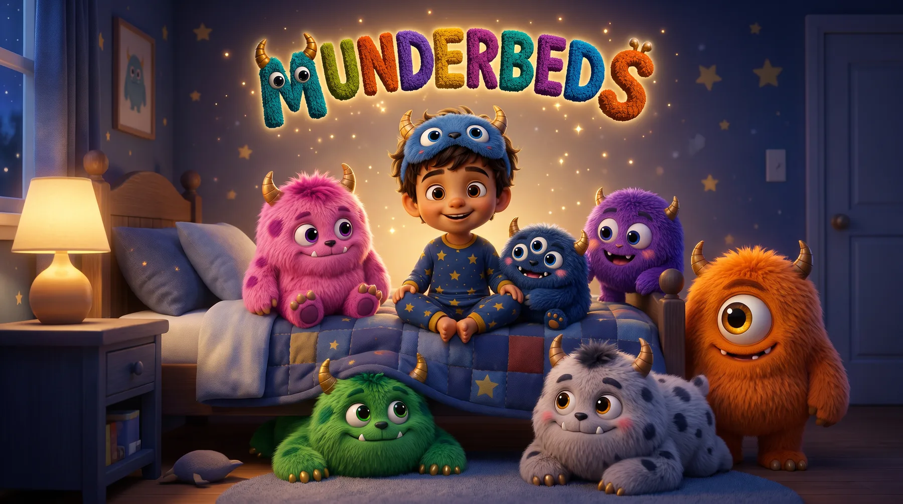 The Munderbeds gathered on a bed at bedtime